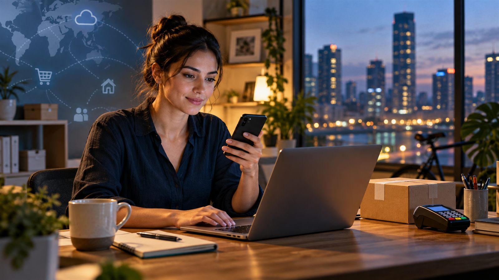 Persona utilizando un portátil y un móvil en un entorno de trabajo conectado