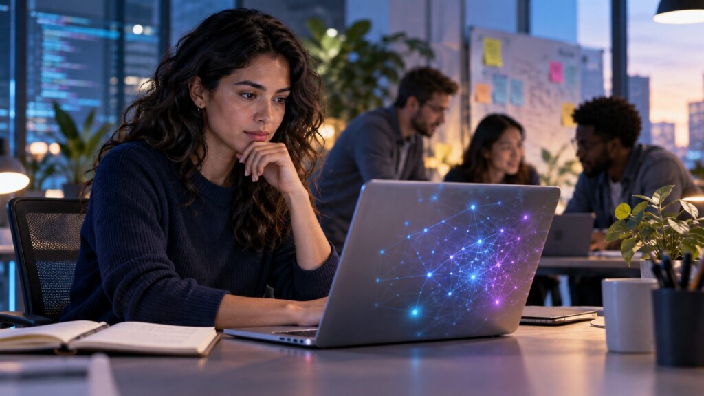 Profesional tecnológico trabajando con inteligencia artificial en un entorno de equipo