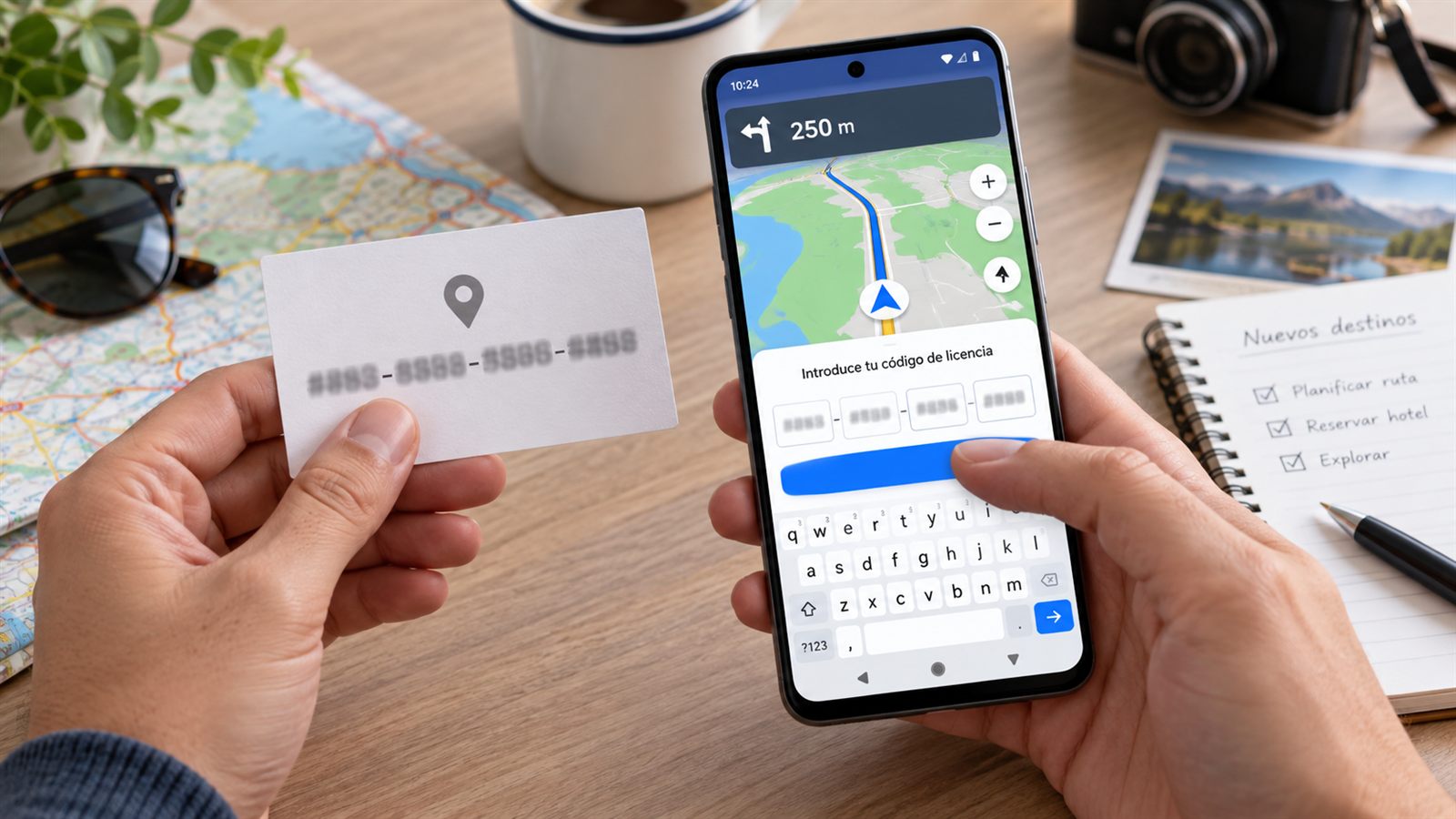 Móvil Android con navegación GPS y pantalla de activación de una licencia Sygic
