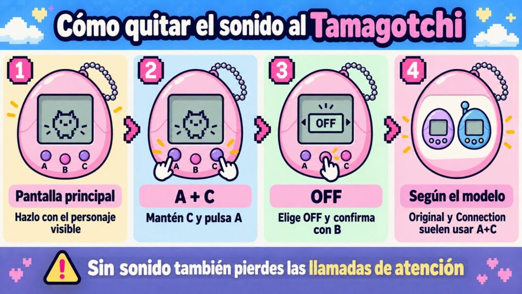Infografía con los pasos para silenciar un Tamagotchi usando los botones A y C