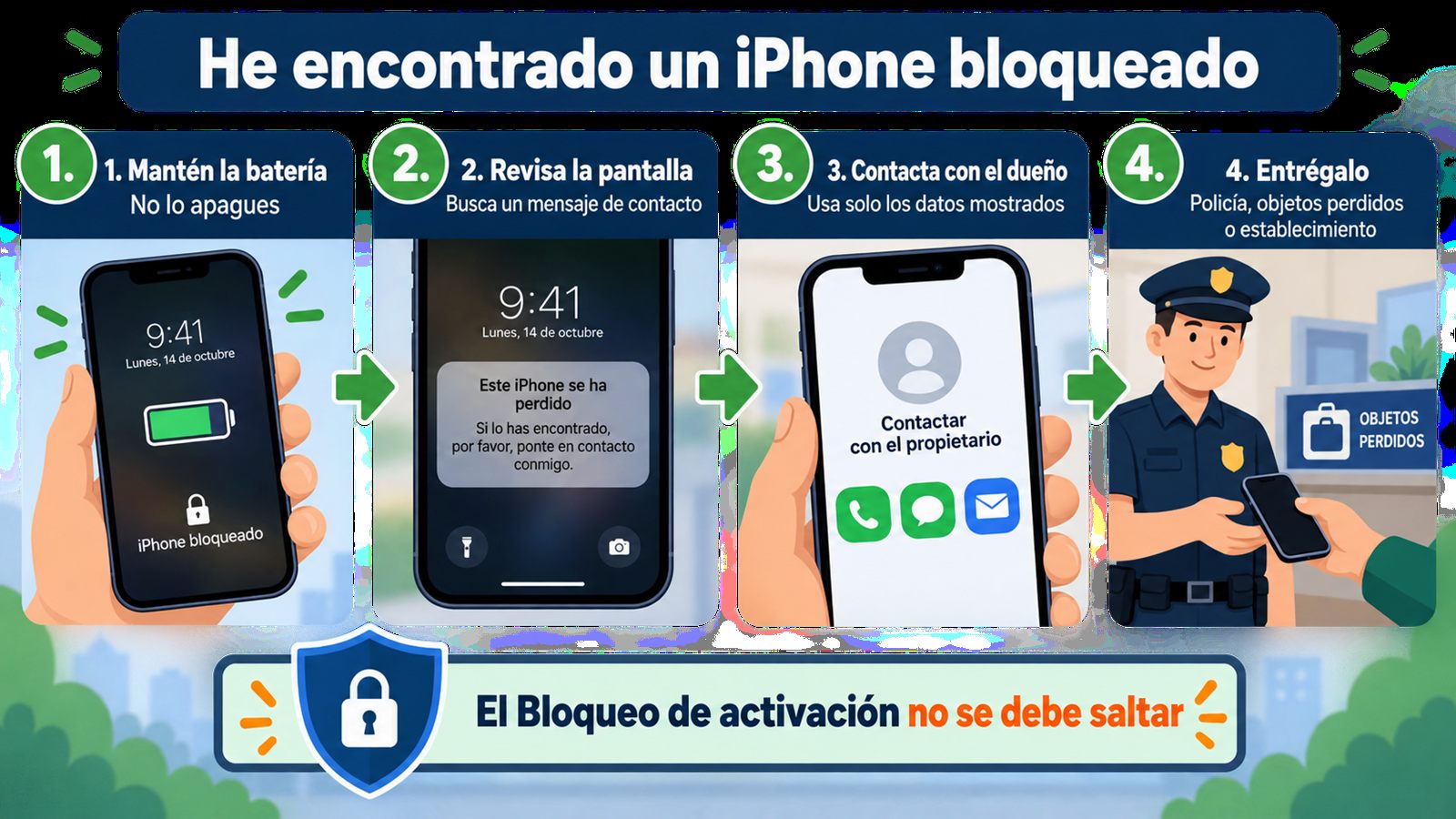 Infografía con los pasos seguros para devolver un iPhone 12 encontrado