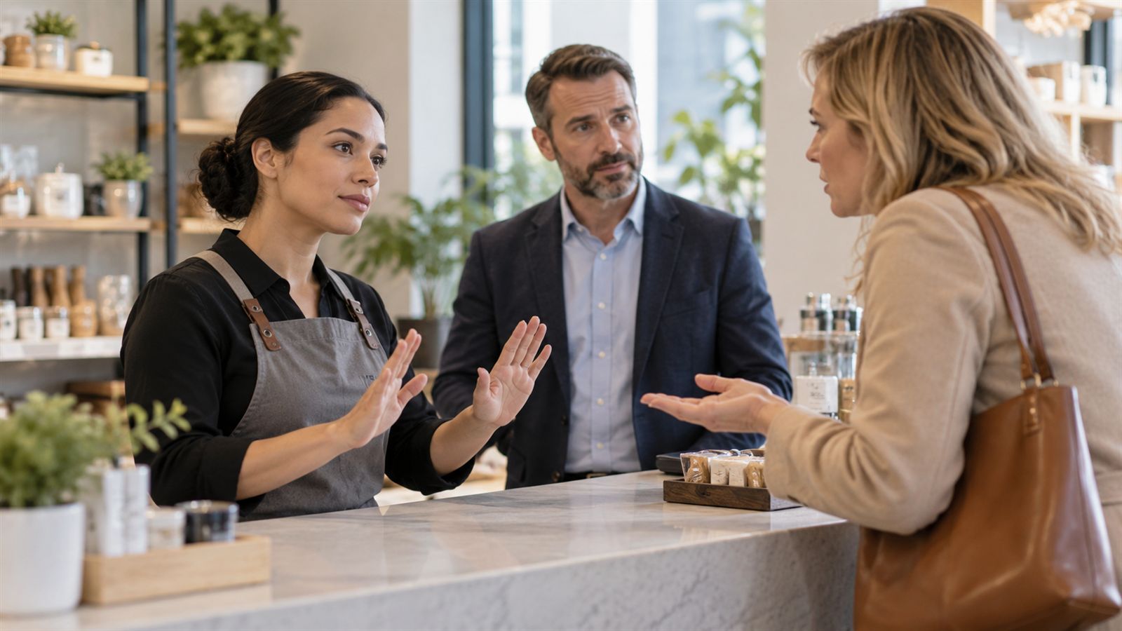 Trabajadora de atención al cliente marca un límite con calma mientras un responsable ayuda a gestionar la conversación