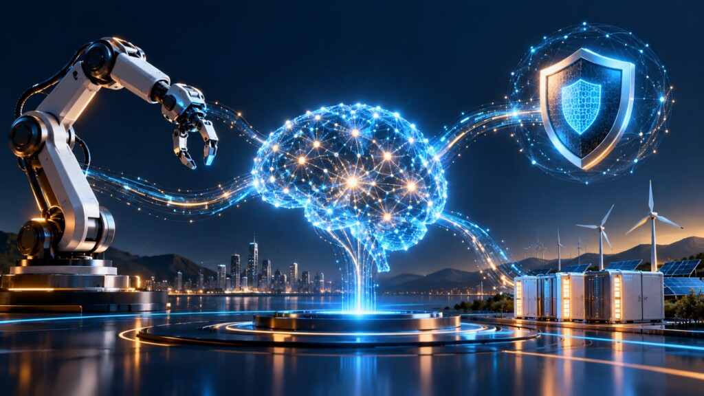 Ilustración de tendencias tecnológicas de 2026: inteligencia artificial, robótica, ciberseguridad y energía limpia